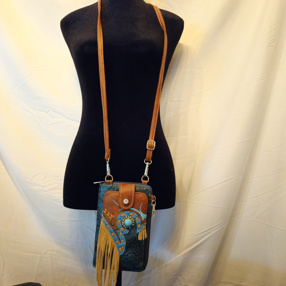 Artisan Leather Crossbody Bag - Tan and Blue